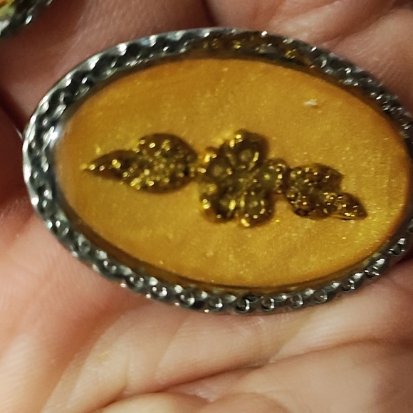 VINTAGE GERMAN GLASS BRONZE FLORAL INLAY SILVER-TONE DROP POST 1.2" EARRINGS - Picture 7 of 9